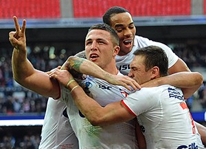 Sam Burgess in action for England. ©RLPhotos