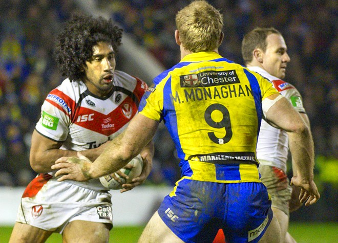 Iosia Soliola carrying the ball for St Helens against Warrington in August 2013. ©RLPhotos
